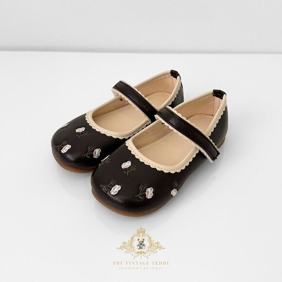 Other - NWT Pretty Girls Mary Jane Flats Embroidered Cute Children's Shoes Brown 2.5